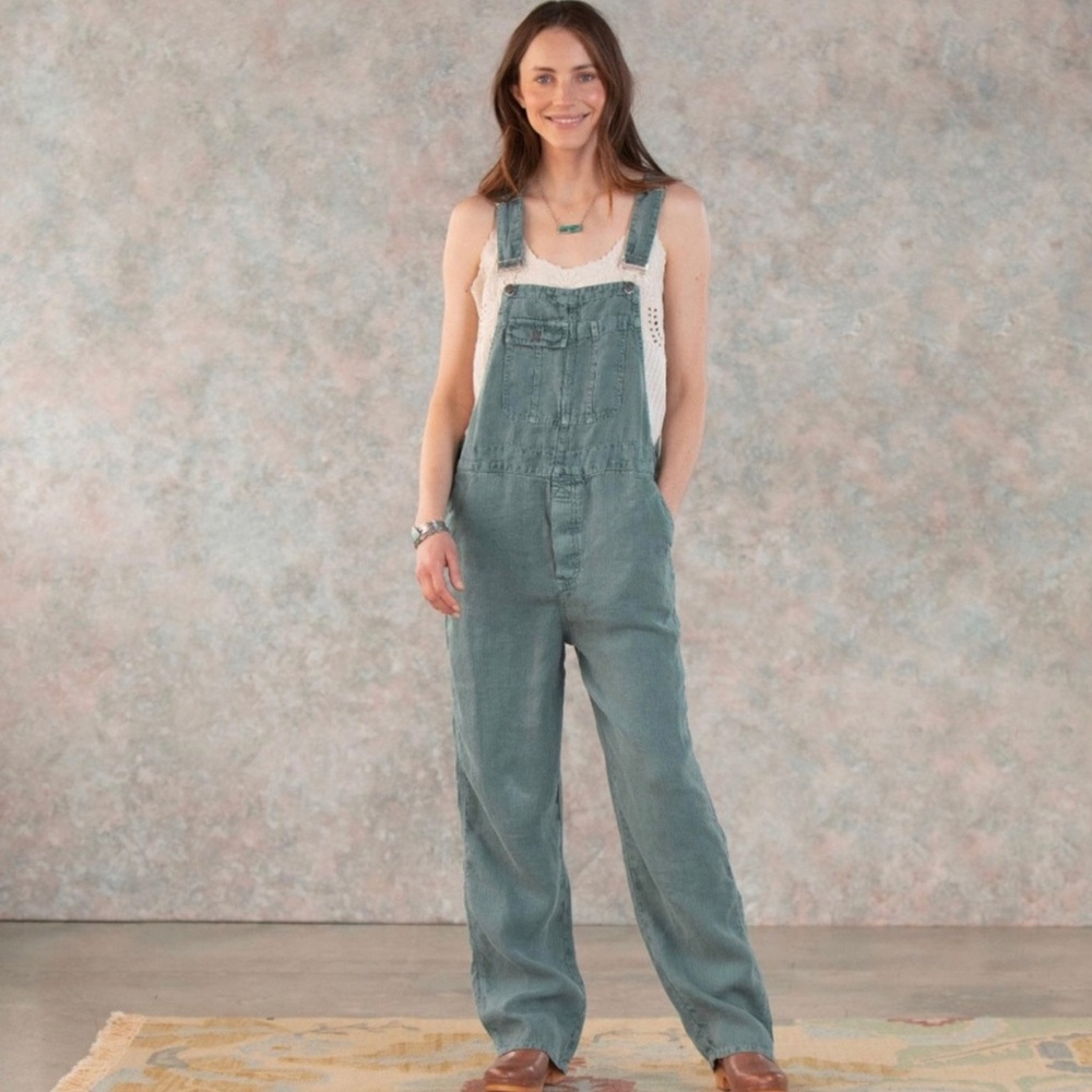Sundance Hannah Overalls vintage blue green linen herringbone jumper